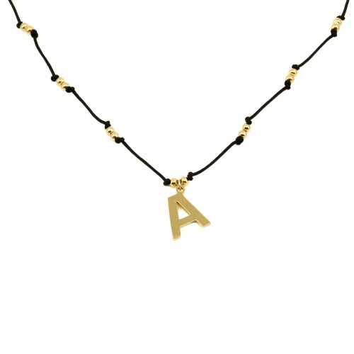 naszyjnik stal szlachetna 316l mała literka a czarny sznurek koraliki