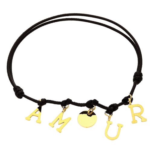 BRANSOLETKA STAL SZLACHETNA 316L CZARNY SZNUREK NAPIS AMOUR