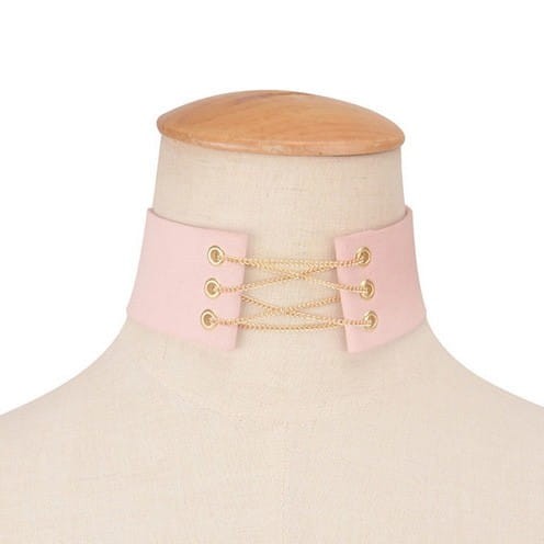 CHOKER PUDROWY RÓŻ SZNUROWANY ŁAŃCUSZEK