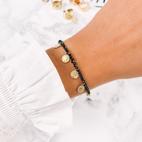 BRANSOLETKA STAL 316 L KOLOR CZARNY ZŁOTE ZAWIESZKI MONETA 