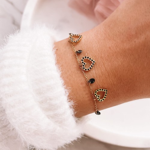 BRANSOLETKA STAL CHIRURGICZNA 316 L KOLOR ZŁOTY SERDUSZKO CZARNE KAMIENIE