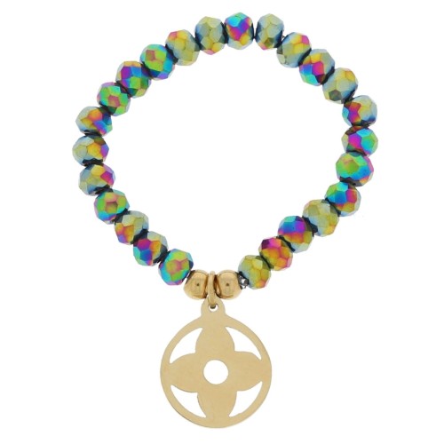 PIERŚCIONEK STAL ELASTYCZNY OPALIZUJĄCE KORALIKI ZAWIESZKA KOŁO KWIATEK KOLOR ZŁOTY 