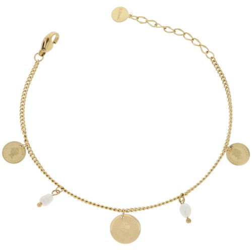 bransoletka stal  kolor złoty zawieszki moneta perełki.JPG