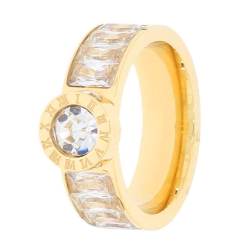 PIERŚCIONEK STAL KOLOR ZŁOTY KRYSZTAŁKI OZDOBA KOLOR BIAŁY 