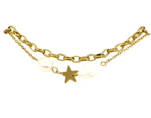 BRANSOLETKA ZŁOTA STAL ŁAŃCUSZEK PODWÓJNA PERŁOWE OZDOBY.JPG