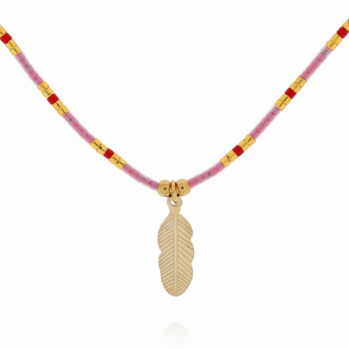 BRANSOLETKA ZE STALI NA SZNURKU KORALIKI PIÓRKO KOLOR ZŁOTY 