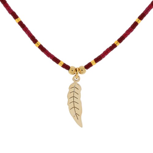 BRANSOLETKA ZE STALI NA SZNURKU BORDOWE KORALIKI PIÓRKO KOLOR ZŁOTY