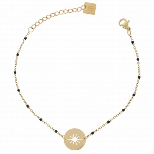 BRANSOLETKA STAL CHIRURGICZNA CZARNE KORALIKI BLASZKA KOLOR ZŁOTY 