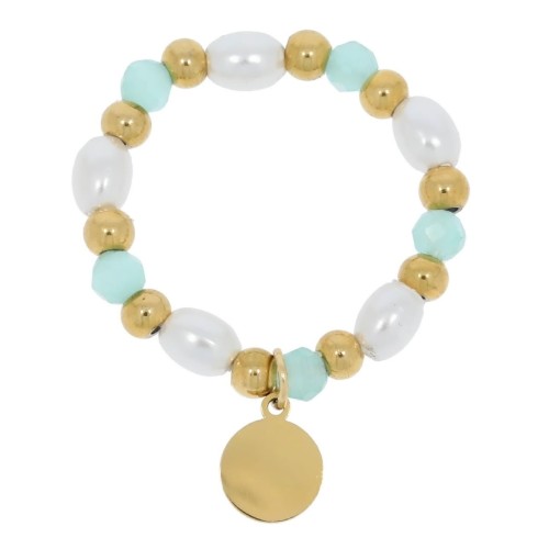 PIERŚCIONEK ELASTYCZNY ZE STALI CHIRURGICZNEJ PEREŁKI BŁĘKITNE KORALIKI ZAWIESZKA KOLOR ZŁOTY