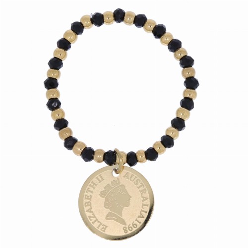 PIERŚCIONEK STAL ELASTYCZNY CZARNE KORALIKI ZAWIESZKA MONETKA KOLOR ZŁOTY