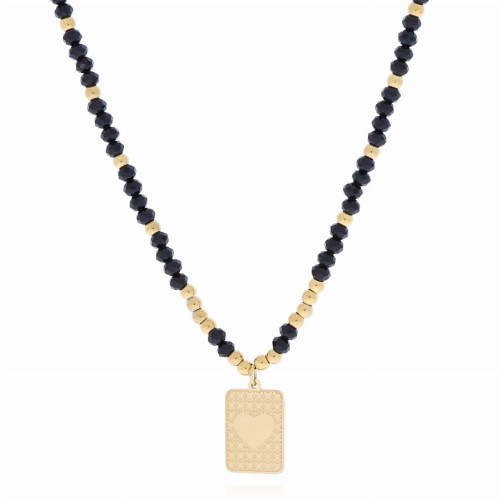 NASZYJNIK  ZE STALI CHIRURGICZNEJ CZARNE KORALIKI ZAWIESZKA KOLOR ZŁOTY