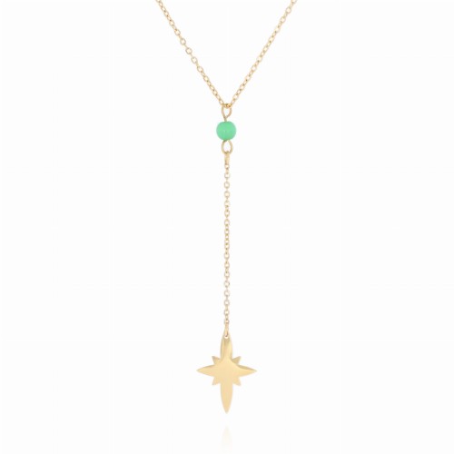 NASZYJNIK  ZE STALI CHIRURGICZNEJ  ZIELONY KORALIK GWIAZDKA KOLOR ZŁOTY