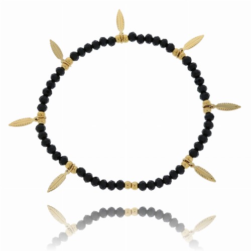 BRANSOLETKA STAL CHIRURGICZNA  CZARNE KORALIKI LISTKI KOLOR ZŁOTY 