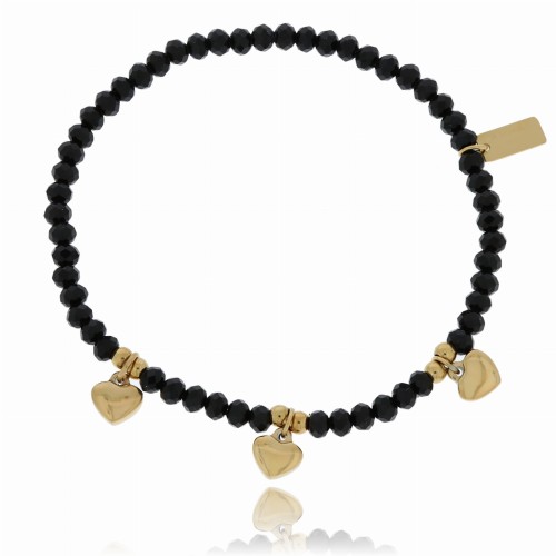 BRANSOLETKA STAL CHIRURGICZNA CZARNE KORALIKI SERDUSZKA  KOLOR ZŁOTY 