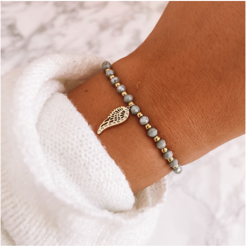 BRANSOLETKA STAL CHIRURGICZNA SZARE KORALIKI SKRZYDŁO KOLOR ZŁOTY