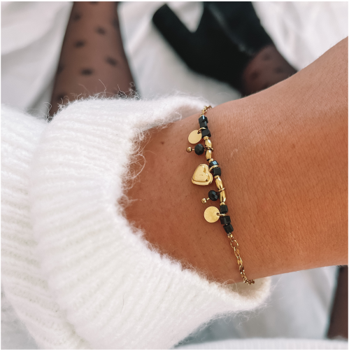  BRANSOLETKA STAL CZARNE KAMIENIE SERDUSZKO KOLOR ZŁOTY