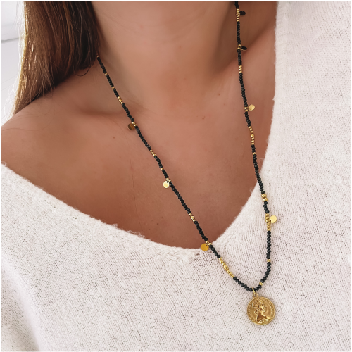 NASZYJNIK WISIOR DŁUGI STAL CHIRURGICZNA CZARNE KORALIKI MONETA KOLOR ZŁOTY 
