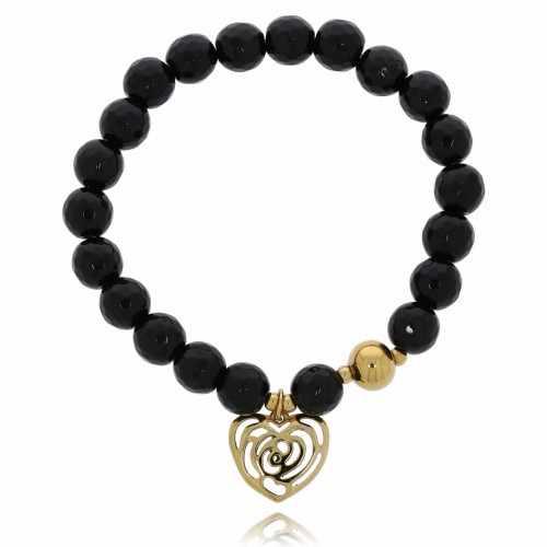 BRANSOLETKA CZARNE KORALE STAL CHIRURGICZNA SERCE