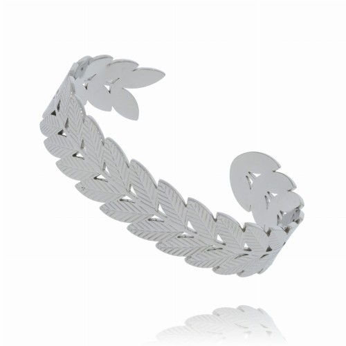 BRANSOLETKA  OBRĘCZ STAL CHIRURGICZNA  KOLOR SREBRNY LIŚCIE 