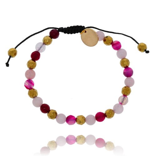 BRANSOLETKA NA SZNURKU MIEDŹ KORALIKI RÓŻOWE