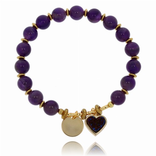 BRANSOLETKA  MIEDŹ SERDUSZKO KAMIEŃ KOLOR FIOLETOWY