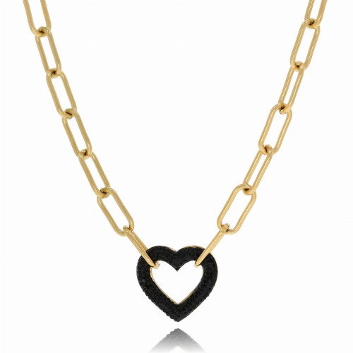 NASZYJNIK  STAL CHIRURGICZNA ŁAŃCUCH CZARNE KRYSZTAŁKI SERCE