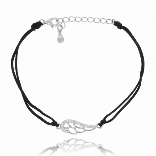 BRANSOLETKA SREBRNE SKRZYDŁO PRÓBA 925 CZARNY SZNUREK 