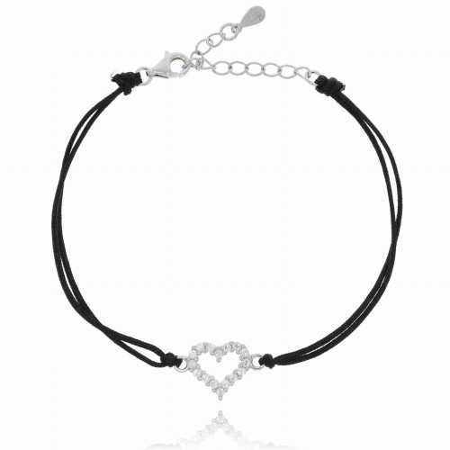 BRANSOLETKA NA CZARNYM SZNURU SREBRO PRÓBA 925 SERCE KRYSZTAŁKI