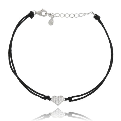 BRANSOLETKA NA CZARNYM SZNURU SREBRO PRÓBA 925 SERDUSZKO