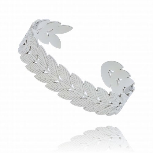 BRANSOLETKA OBRĘCZ ZE STALI CHIRURGICZNEJ LIŚĆ KOLOR SREBRNY