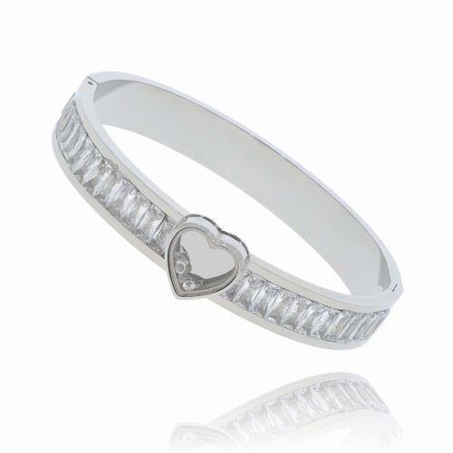 BRANSOLETKA OBRĘCZ ZE STALI CHIRURGICZNEJ KRYSZTAŁKI SERCE KOLOR SREBRNY