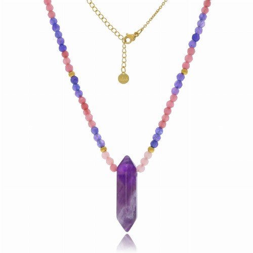 NASZYJNIK  STAL CHIRURGICZNA KAMIEŃ KRYSZTAŁ AMETYST FIOLETOWY KORALIKI