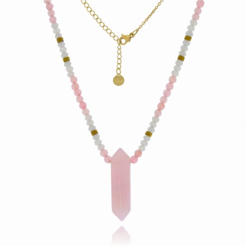 NASZYJNIK  STAL CHIRURGICZNA KAMIEŃ KRYSZTAŁ KORALIKI KWARC RÓŻOWY 