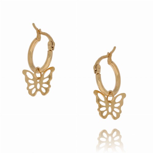 KOLCZYKI ZE STALI CHIRURGICZNEJ KOLOR ZŁOTY KÓŁKO Z ZAWIESZKAMI MOTYLE