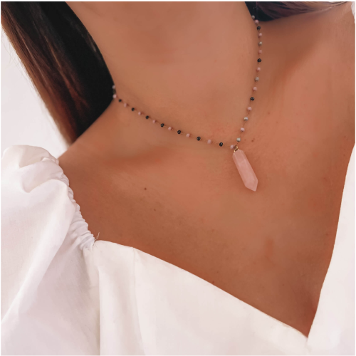 NASZYJNIK  STAL CHIRURGICZNA KAMIEŃ KRYSZTAŁ KWARC RÓŻOWY KORALIKI 