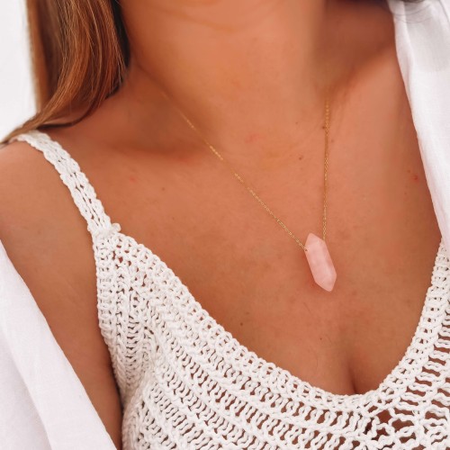 NASZYJNIK ZE STALI SZLACHETNEJ KRYSZTAŁ KWARC RÓŻOWY WISIOR