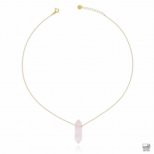 NASZYJNIK  SREBRO POZŁACANE PRÓBA 925 KAMIEŃ KWARC RÓŻOWY