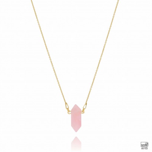 NASZYJNIK  SREBRO POZŁACANE PRÓBA 925 KAMIEŃ KWARC RÓŻOWY BRYŁKA