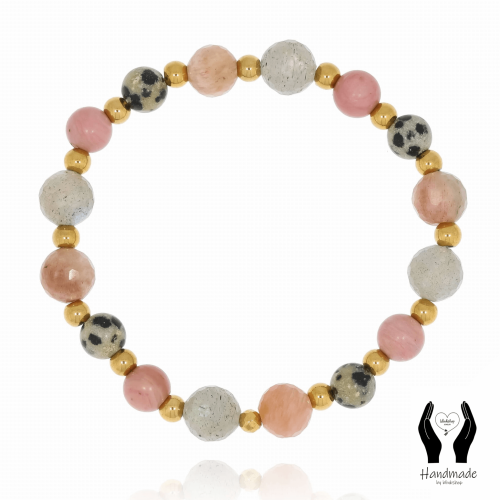BRANSOLETKA Z KAMIENI NATURALNYCH KAMIEŃ SŁONECZNY Z RODONITEM