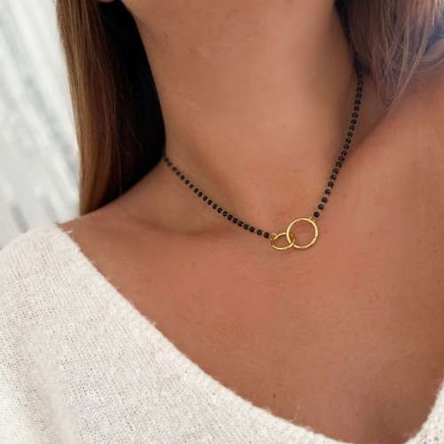 NASZYJNIK DWA KOŁA CZARNE KORALIKI STAL CHIRURGICZNA 