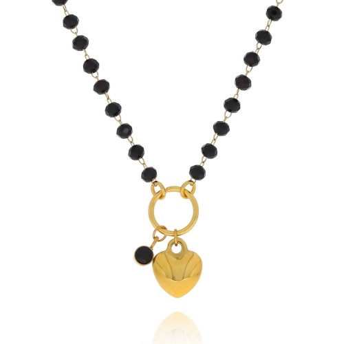 NASZYJNIK CZARNE KORALIKI SERDUSZKO Z ONYKSEM STAL SZLACHETNA