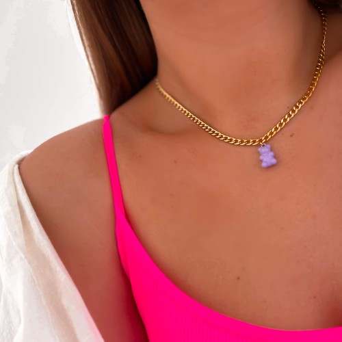 NASZYJNIK ZŁOTA PANCERKA ŁAŃCUCH Z FIOLETOWYM MISIEM STAL CHIRURGICZNA  