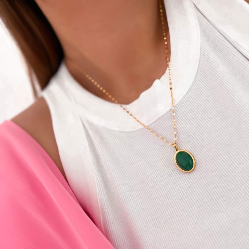 NASZYJNIK MEDALION Z KAMIENIEM NATURALNYM AGAT ZIELONY STAL SZLACHETNA