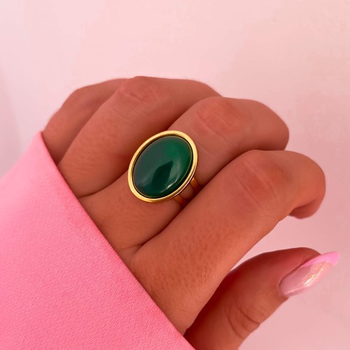 ZŁOTA OBRĄCZKA SYGNET ZE STALI CHIRURGICZNEJ AGAT ZIELONY