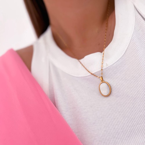 NASZYJNIK MEDALION Z MASĄ PERŁOWĄ STAL SZLACHETNA 