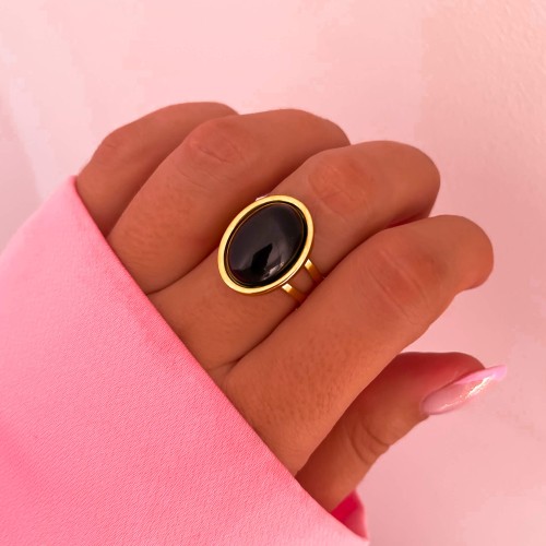 ZŁOTA OBRĄCZKA SYGNET ZE STALI CHIRURGICZNEJ ONYKS