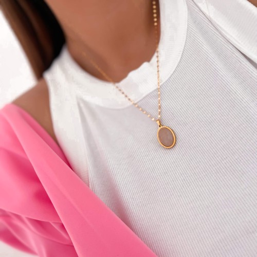 NASZYJNIK MEDALION Z KAMIENIEM NATURALNYM KWARC RÓŻOWY STAL SZLACHETNA  