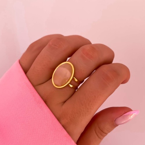 ZŁOTA OBRĄCZKA SYGNET ZE STALI CHIRURGICZNEJ KWARC RÓŻOWY