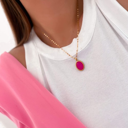 NASZYJNIK MEDALION Z KAMIENIEM NATURALNYM AGAT RÓŻOWY STAL SZLACHETNA