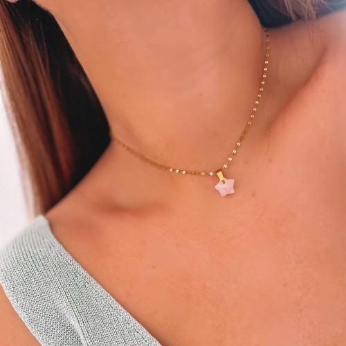 NASZYJNIK CHOKER Z GWIAZDKĄ Z KWARCU RÓŻOWEGO STAL CHIRURGICZNA